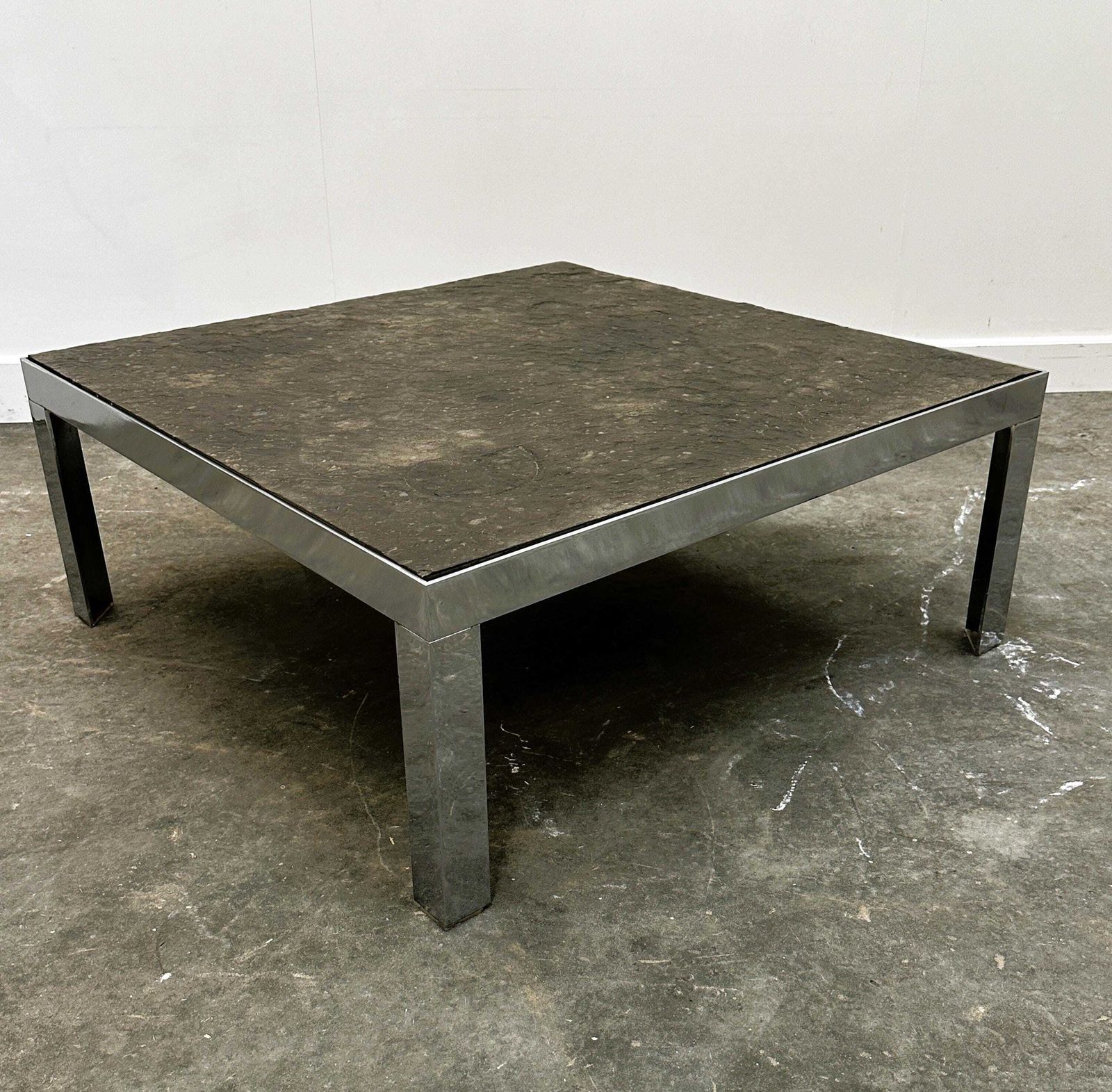 1970s Slate And Chrome Coffee Table With Shell Fossil, Germany 1970s. photo furniture