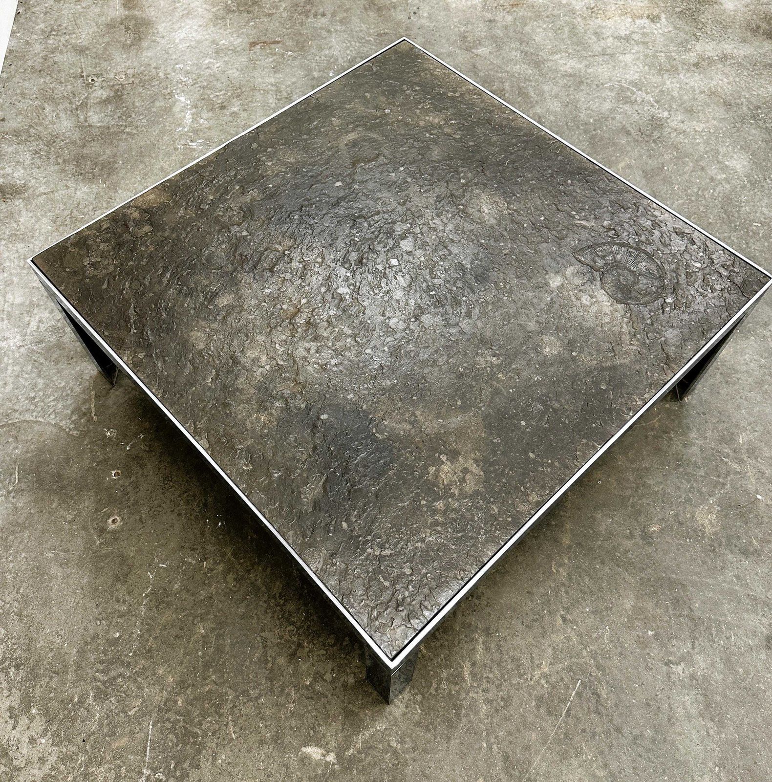 photo furniture 1970s Slate And Chrome Coffee Table With Shell Fossil, Germany 1970s.