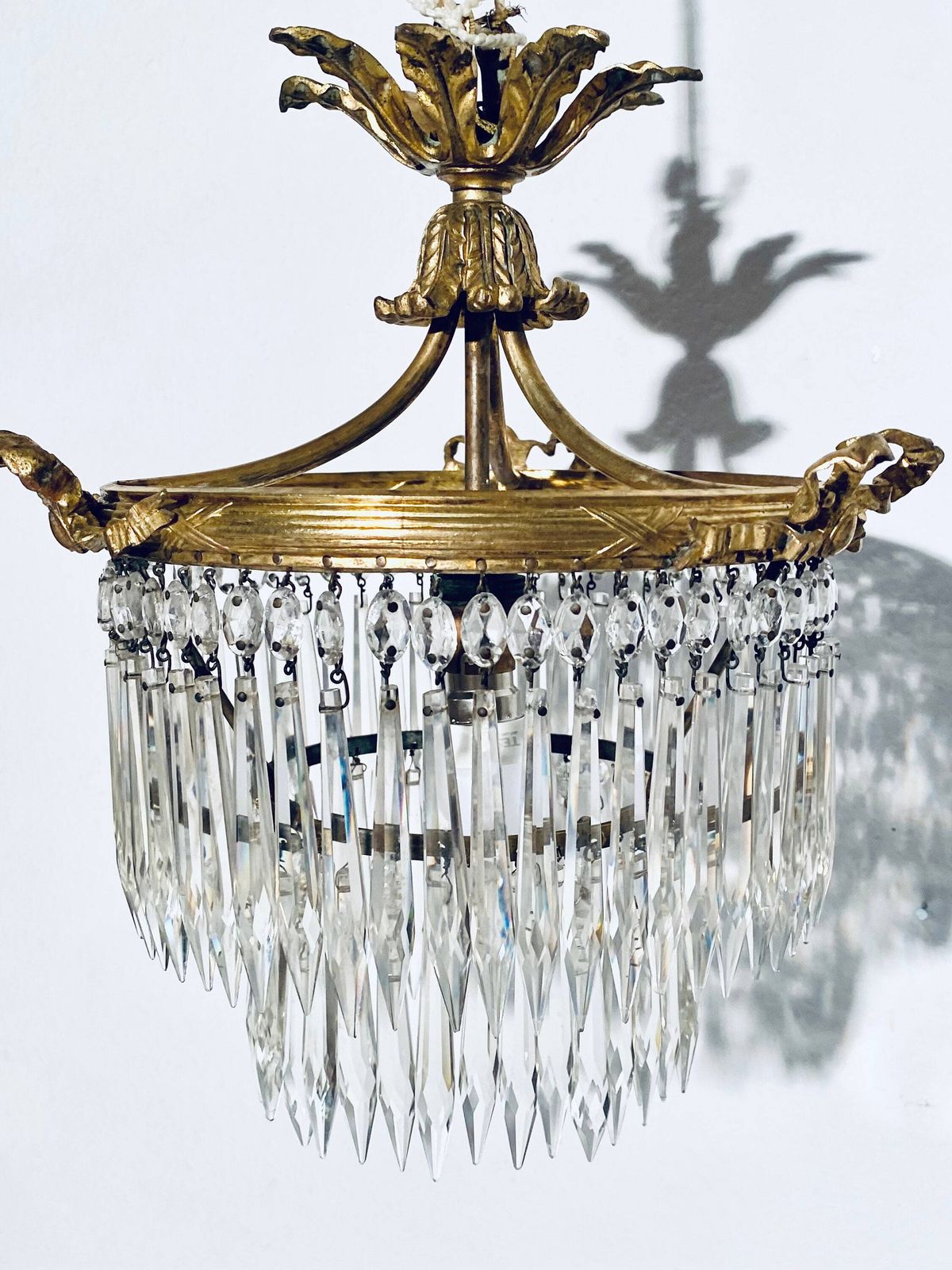Crystal Chandelier Ceiling Basket Lamp Glass / France Vintage Decor 1920s photo Lighting
