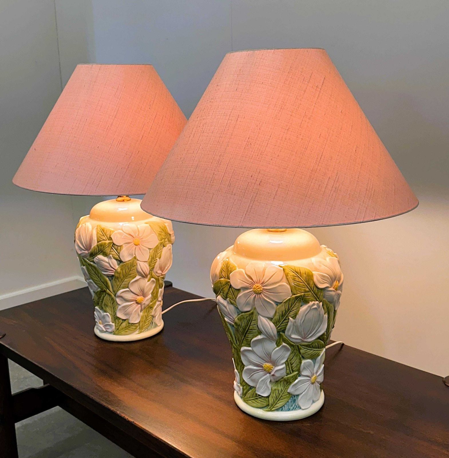 Pair Of Large Vintage Ceramic Table Lamps With 3d Floral Design, 1970s