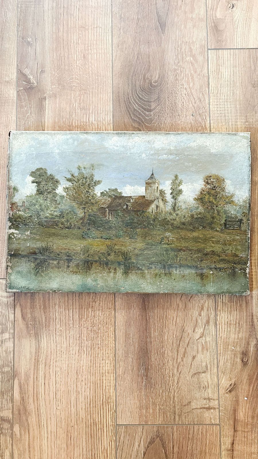 Vintage Oil On Canvas Landscape With Church & Trees By R.A. Clarke photo vinterior