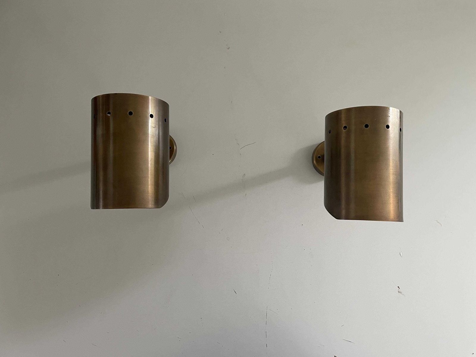 photo furniture Mid Century Cylindrical Brass Pair Of Sconces With Antique Finish, 1950s, Italy