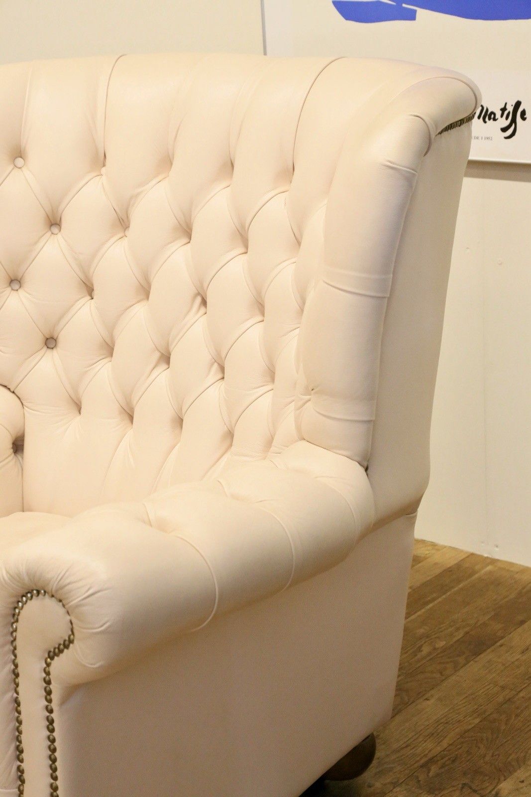 Vintage Off White Leather Chesterfield Wingback Armchair photo buy