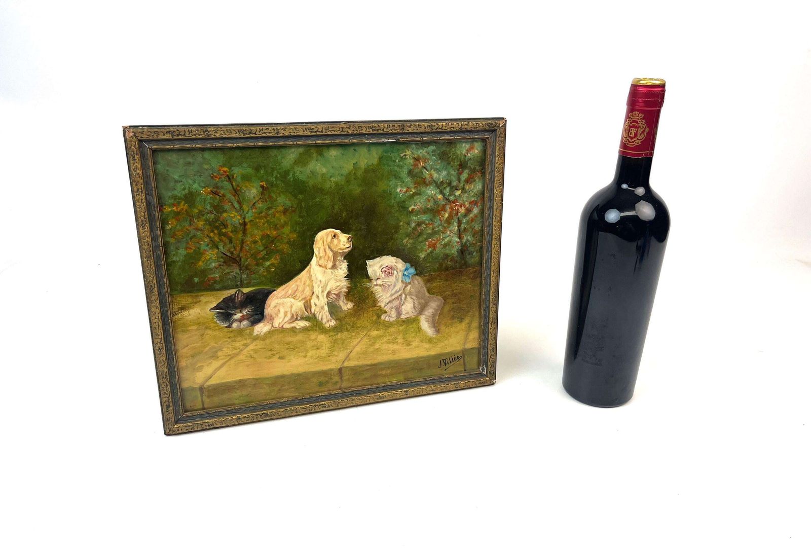 Antiek Olieverfschilderij Met Katten En Hond, Gesigneerd Door J. Villes, Ca. 1920, Met Lijst photo Kunst