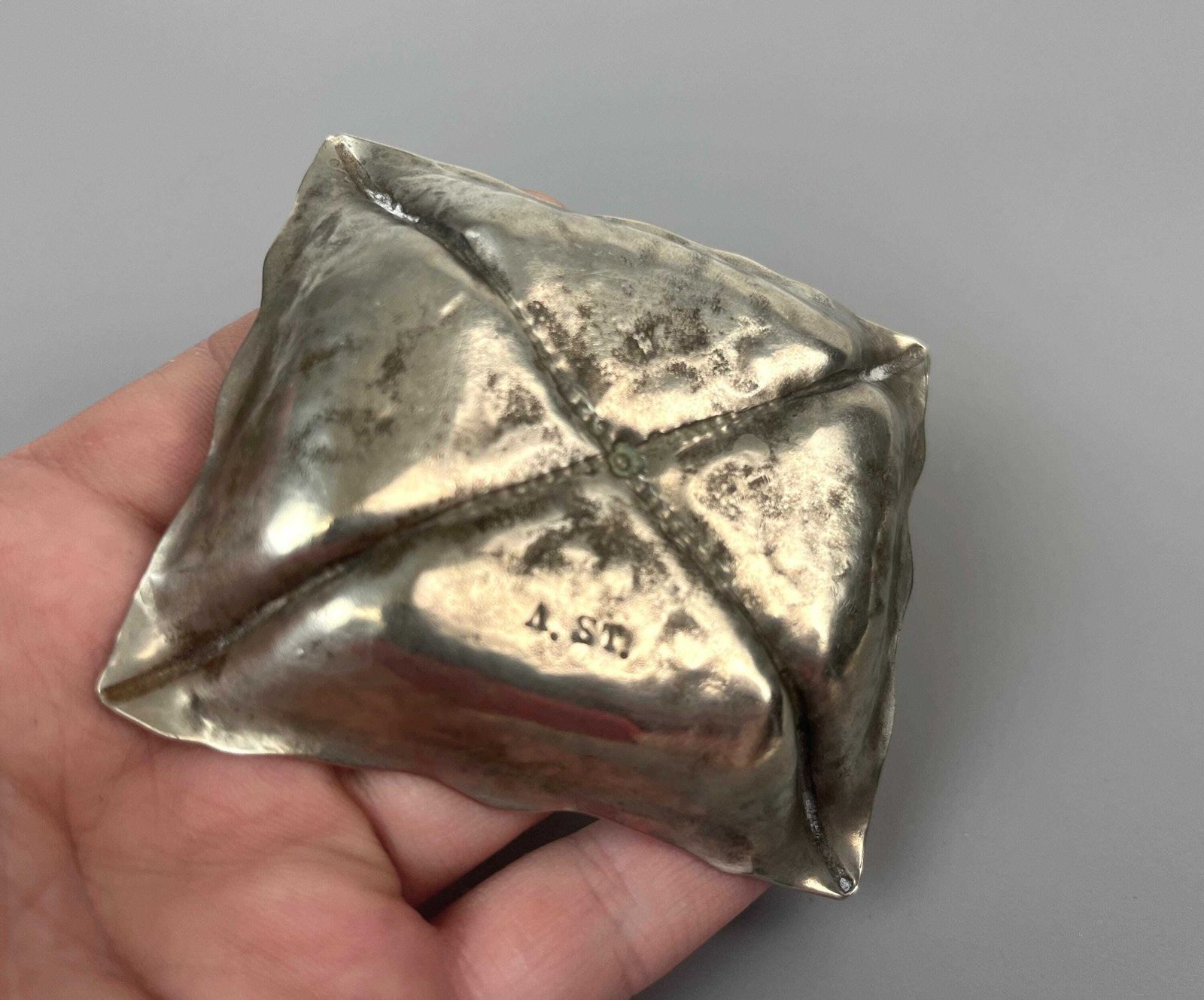 Rare Mid Century Brutalist Silver Plate Jewelry Ring Trinket Bowl Signed By Artist photo Home Decor