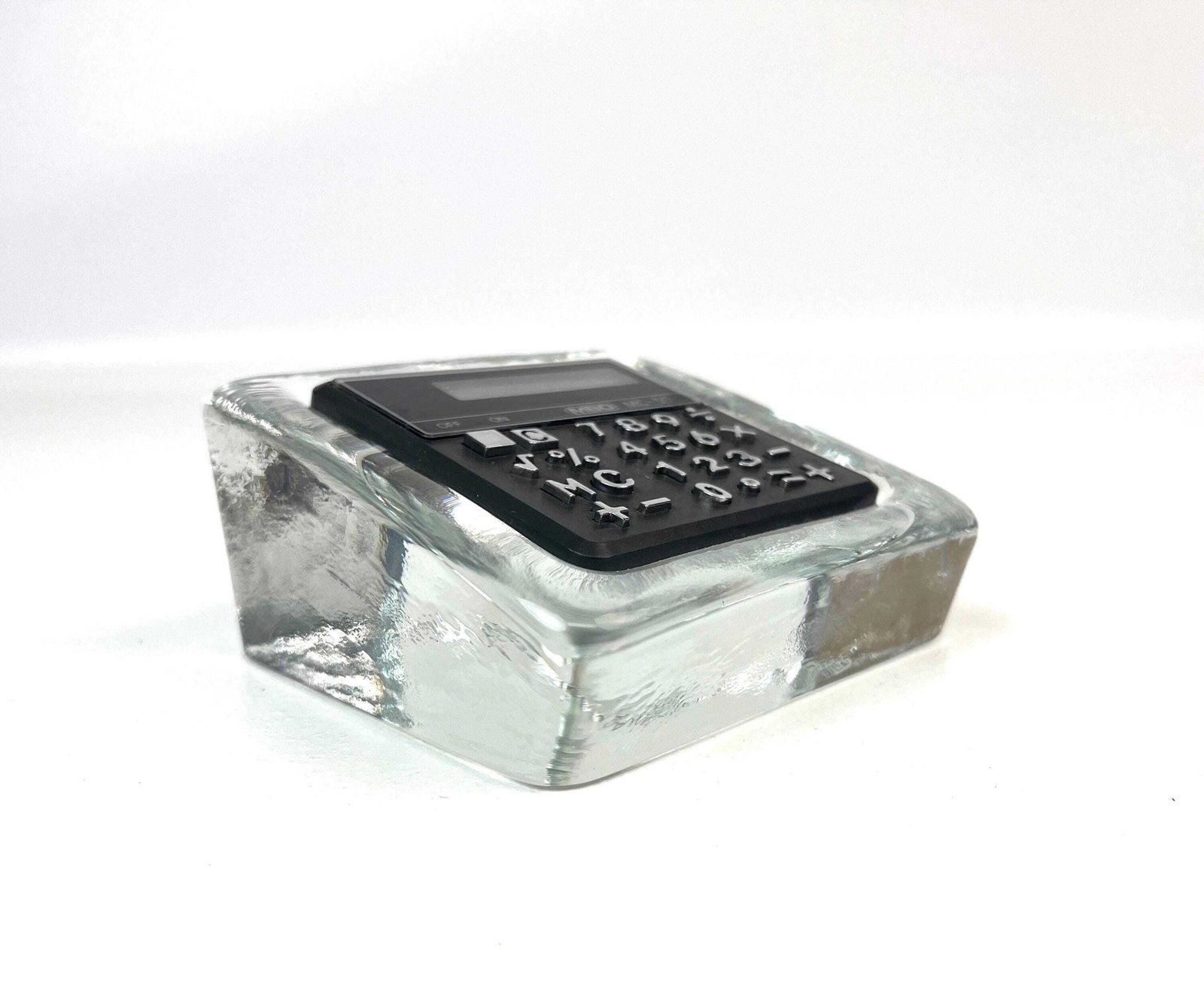 Rare Mid Century Ice Glass Block Working Calculator By Mbo Minimalist Office Decoration Paperweight