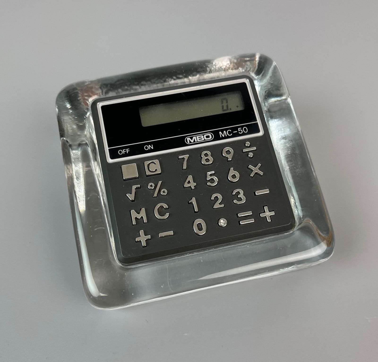 Rare Mid Century Ice Glass Block Working Calculator By Mbo Minimalist Office Decoration Paperweight photo furniture