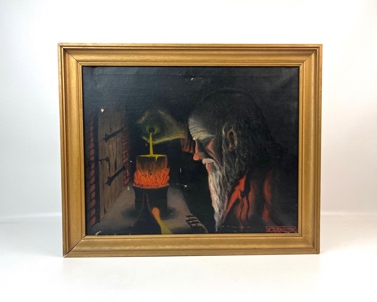 Rare Antique Alchemist In Laboratory Oil Painting Scientist Philosophers Stone Signed Mitaine