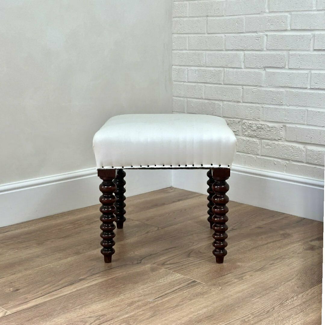 Vintage Turned Leg Stool – Ready For Custom Fabric (Reupholstery/Recovering Available) photo for sale