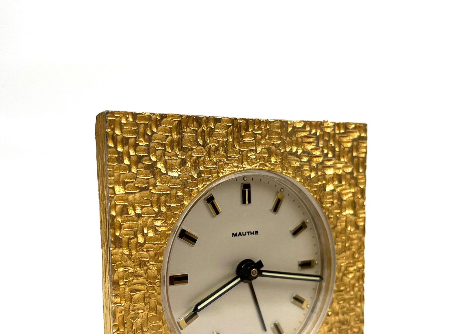 Stunning Mid Century Golden Sculptural Metal Brutalist Alarm Desk Clock By Mauthe photo furniture