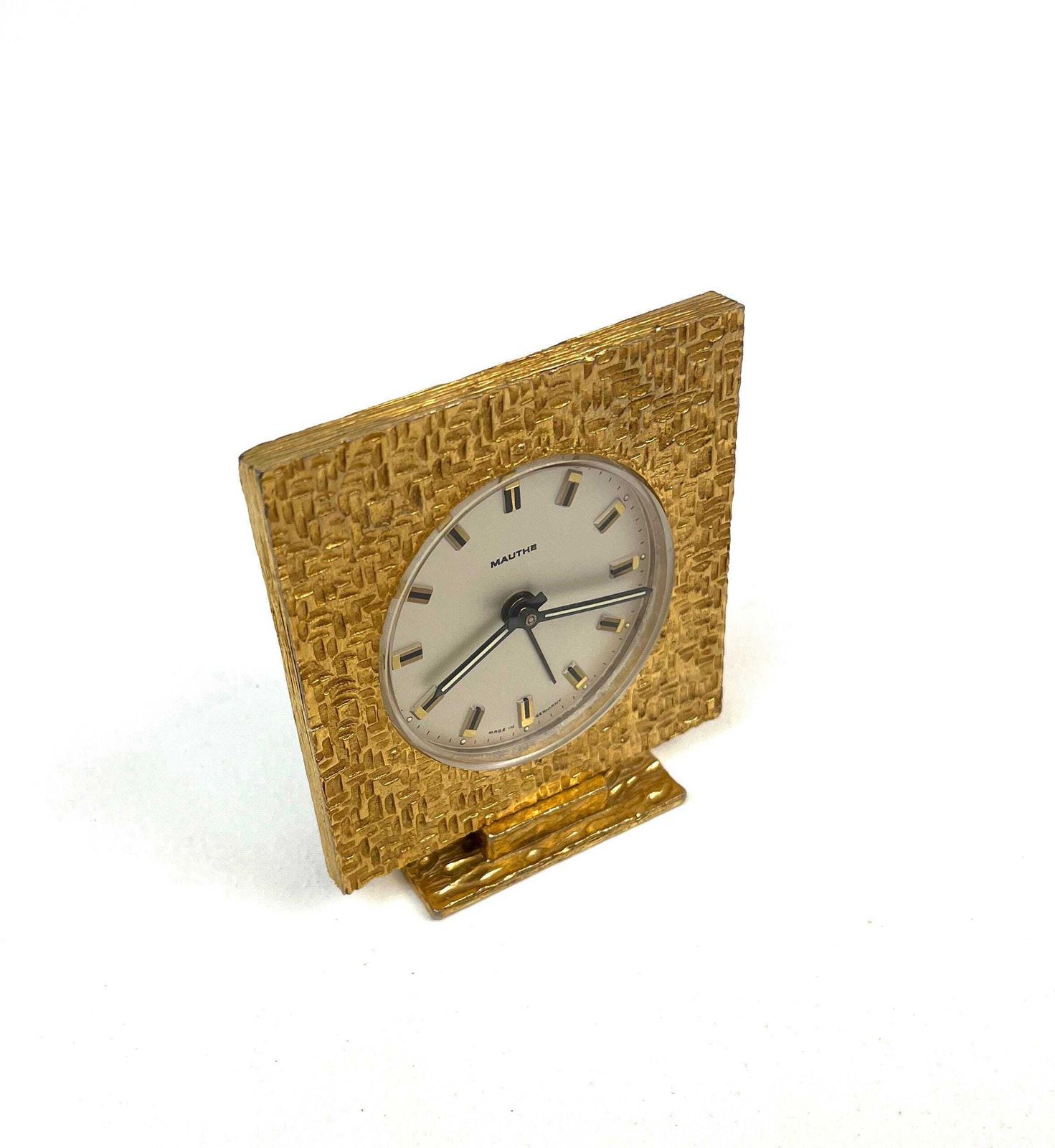 Stunning Mid Century Golden Sculptural Metal Brutalist Alarm Desk Clock By Mauthe photo for sale