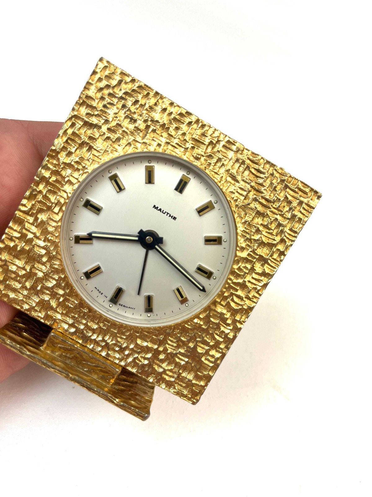 Stunning Mid Century Golden Sculptural Metal Brutalist Alarm Desk Clock By Mauthe photo vinterior
