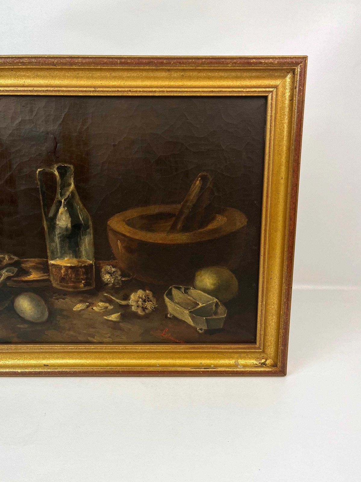 Moody Antique French Kitchen Still Life Oil On Canvas Painting Eggs Garlic Signed 1881 photo 750.0