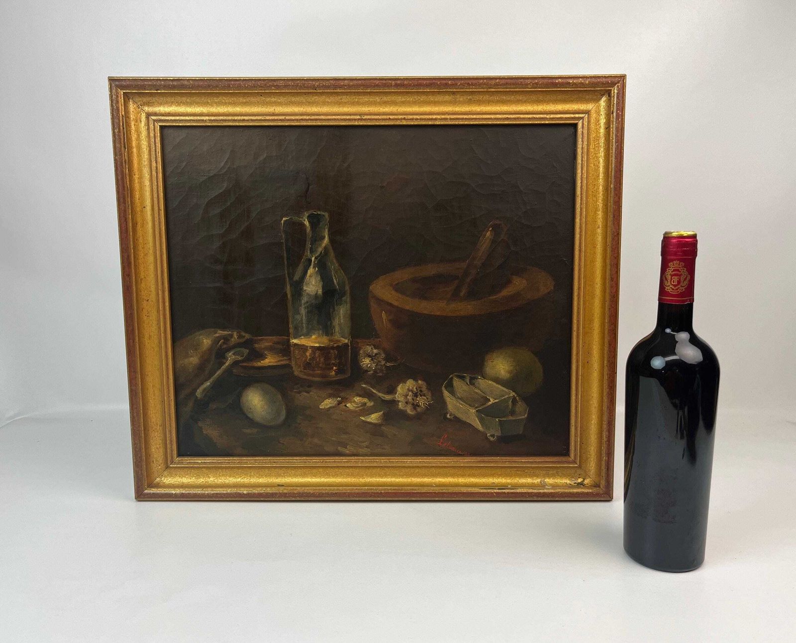 Moody Antique French Kitchen Still Life Oil On Canvas Painting Eggs Garlic Signed 1881 photo vinterior