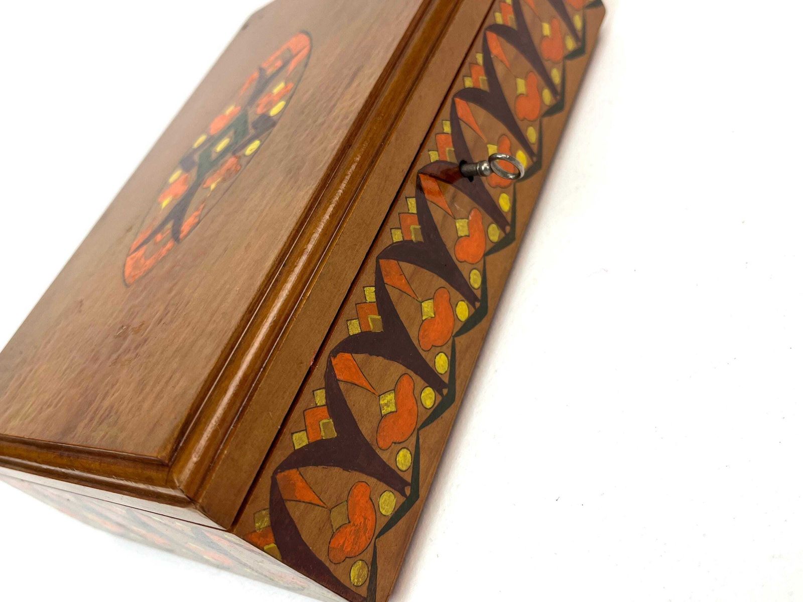Rare Antique Art Nouveau Wooden Hand Painted Jewelry Box With Lock & Key photo for sale