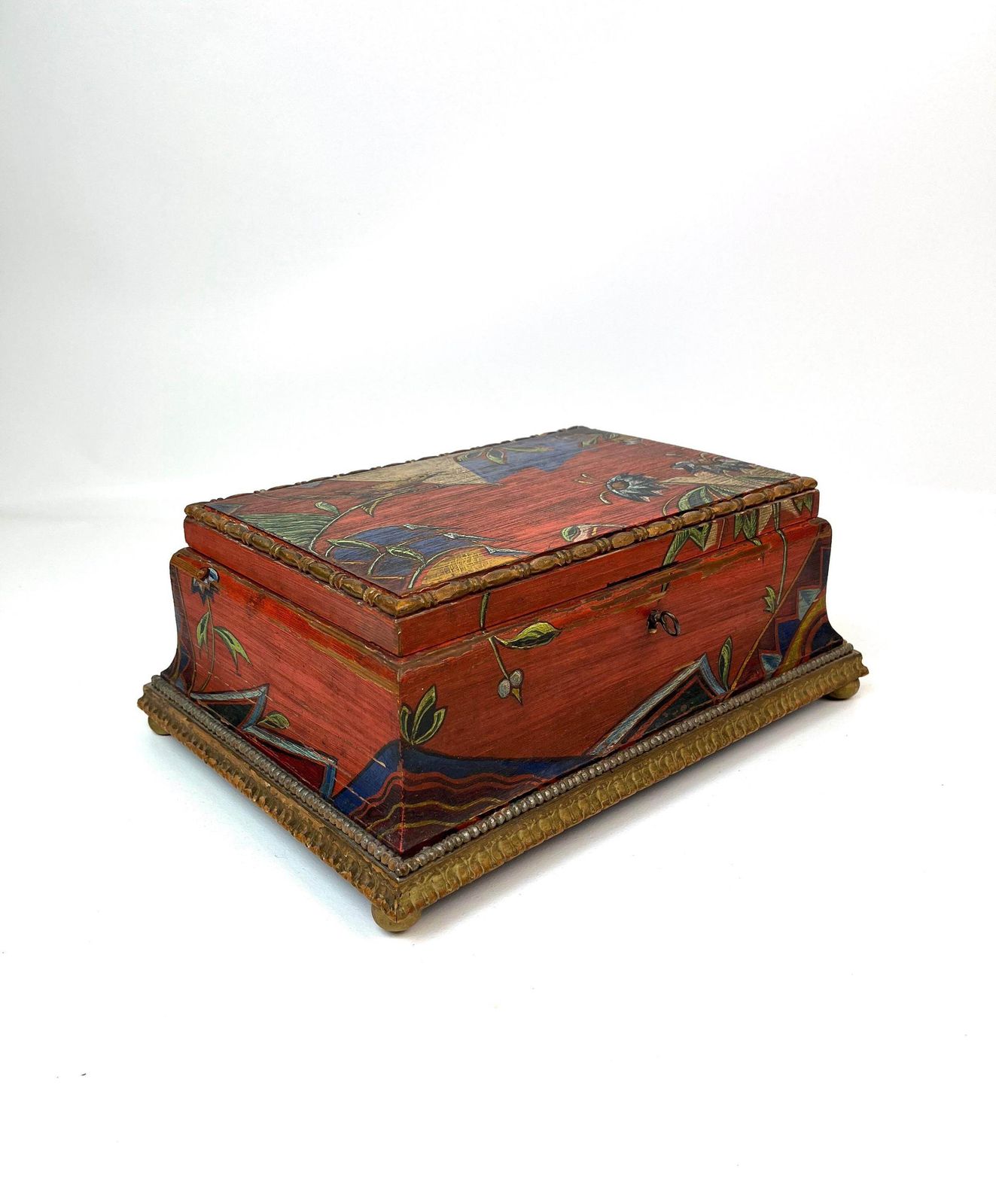 Stunning Unique Art Deco Antique Large Artist Handmade Wooden Jewelry Box With Lock & Key
