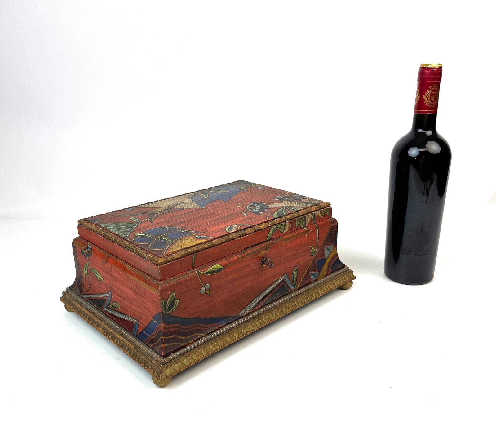 Stunning Unique Art Deco Antique Large Artist Handmade Wooden Jewelry Box With Lock & Key photo vinterior
