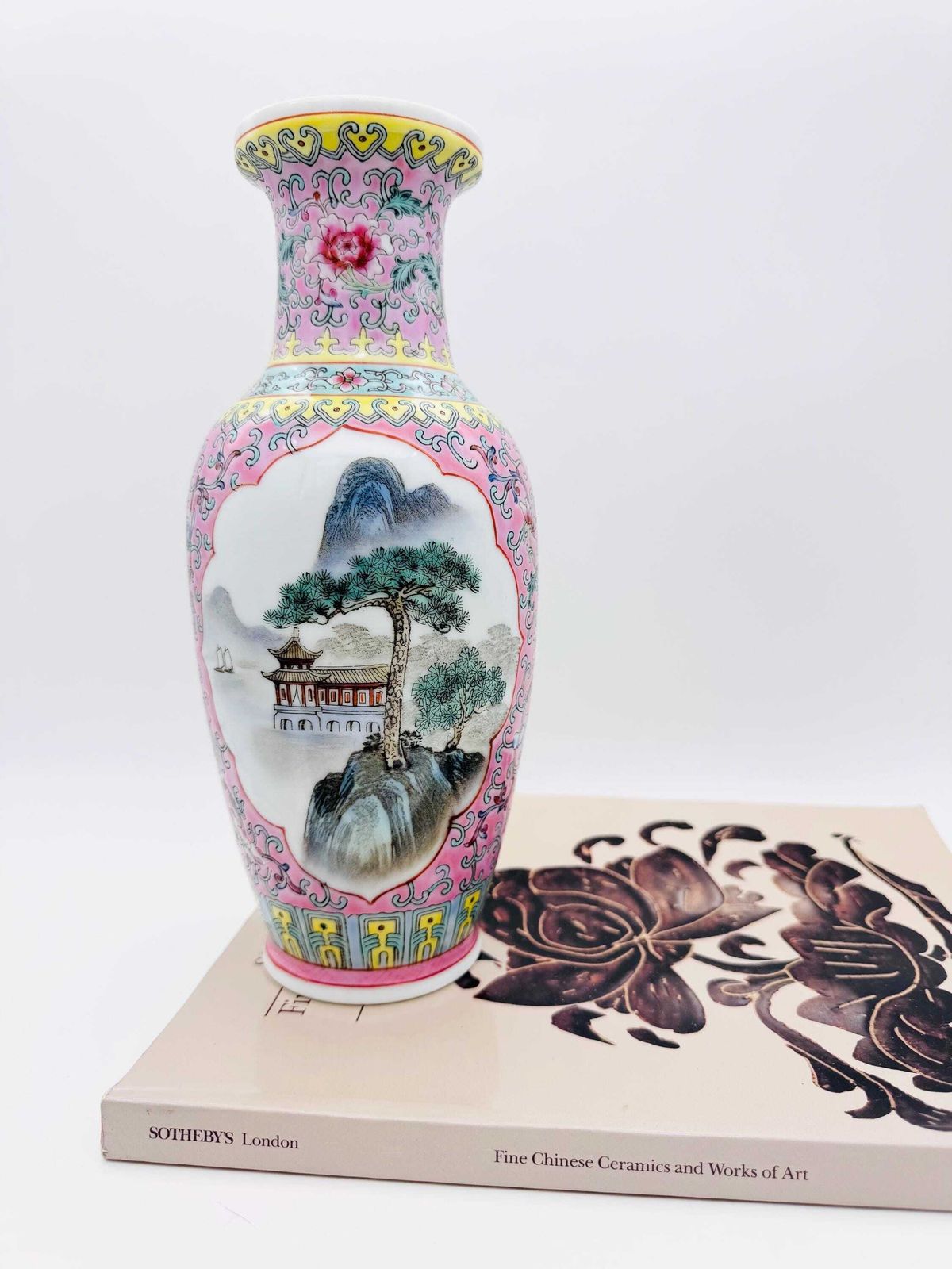 Vintage Chinese Famille Rose Landscape Vase photo vintage