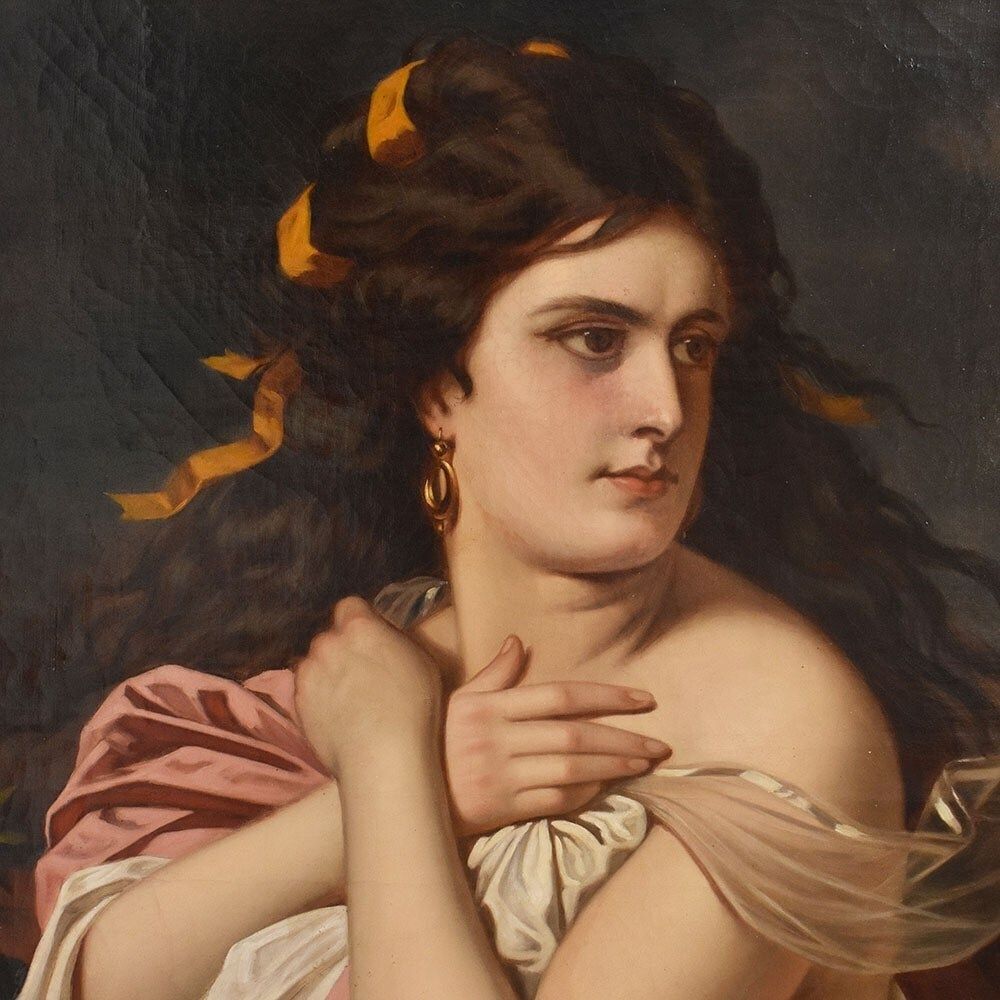 Antique Portrait Painting, Greek Goddess, Muse, Female Portrait, Oil On Canvas, XIX Century. (Qr669) photo Art