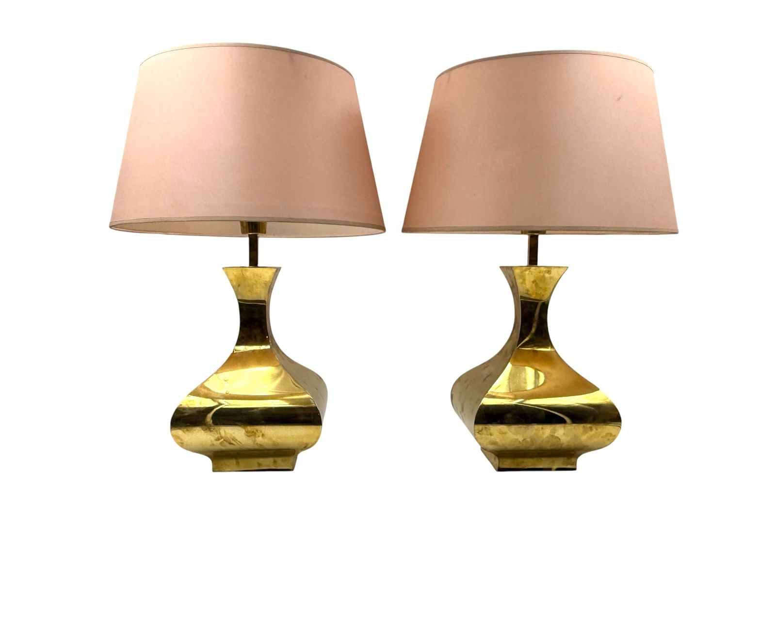 Hollywood Regency Set Of 2 Brass Table Lamps Mod. Piramide, High Society Italy 1970s photo vinterior