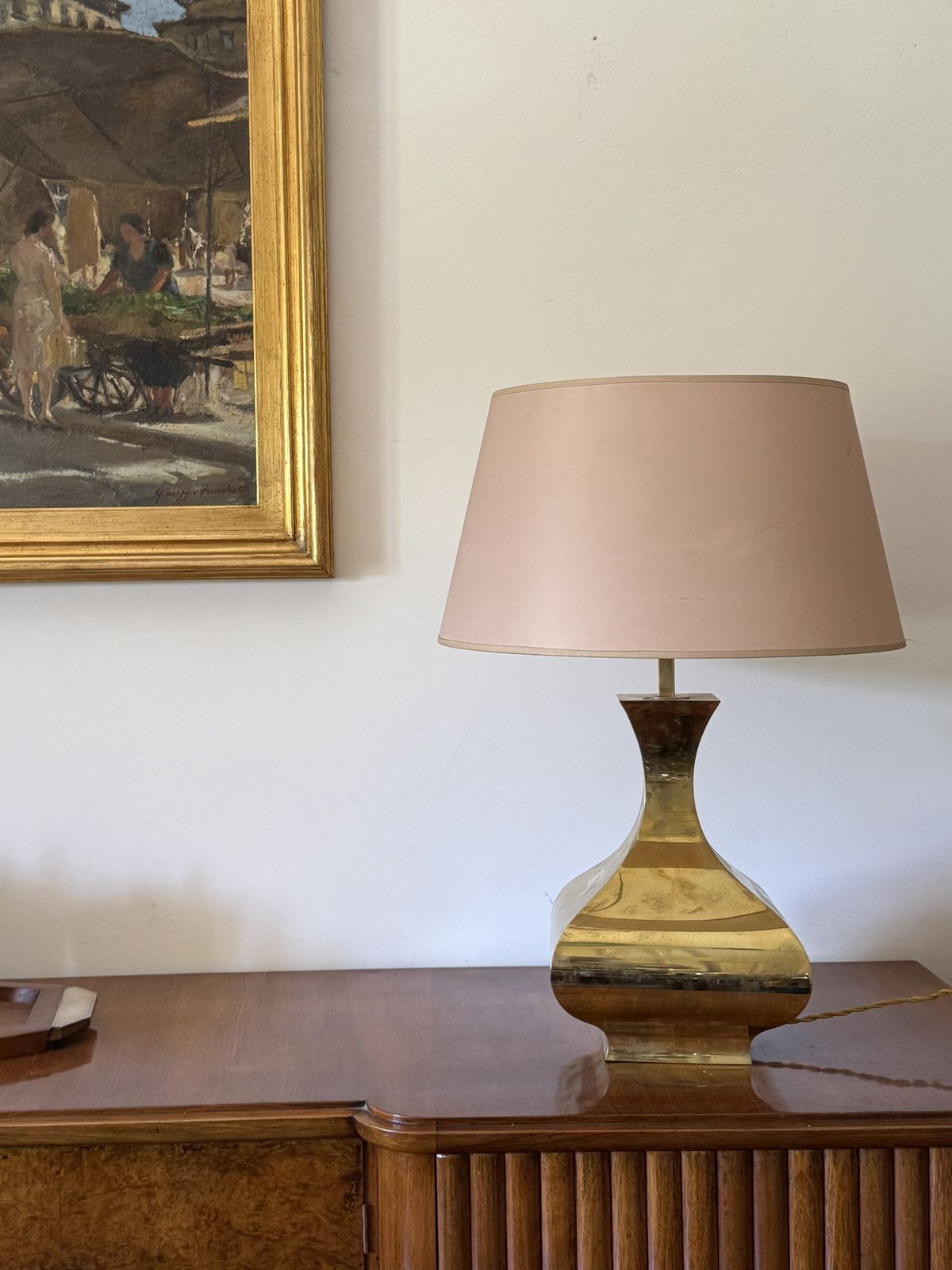 Lighting Hollywood Regency Set Of 2 Brass Table Lamps Mod. Piramide, High Society Italy 1970s photo