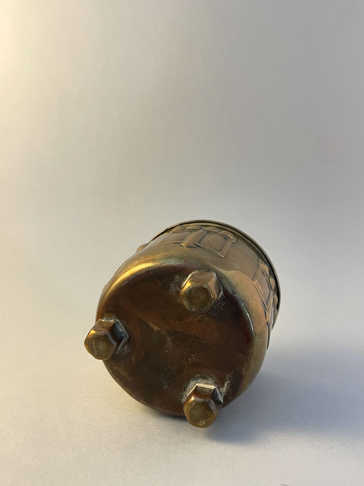 Home Decor Arts & Crafts Brass Box With Lid On Three Feet, Handmade Antique Round Decorative Container Circa 1920 photo