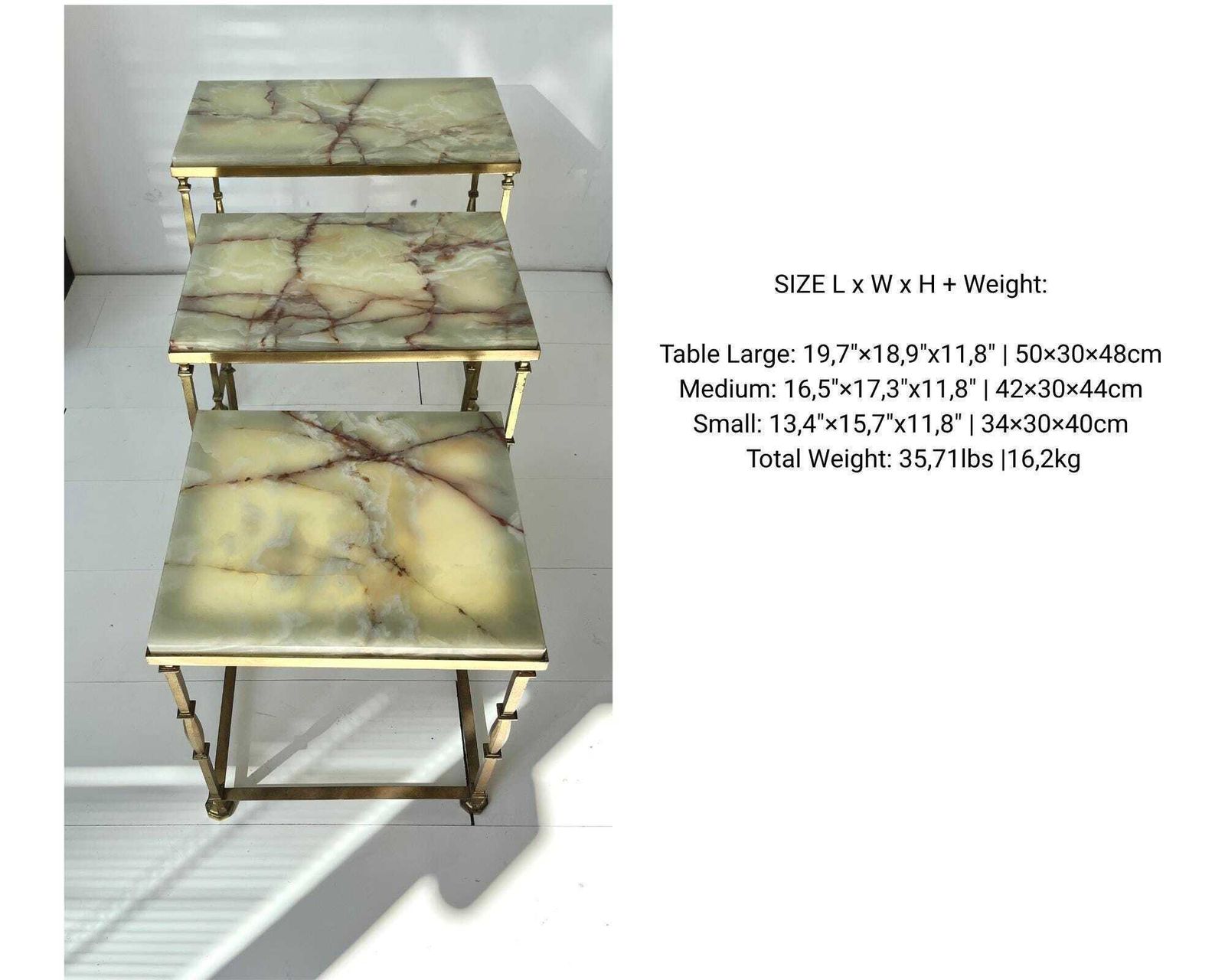 Onyx Nesting Tables | Mid Century Maison Jansen Style | Brass & Green Onyx Side Tables photo vintage