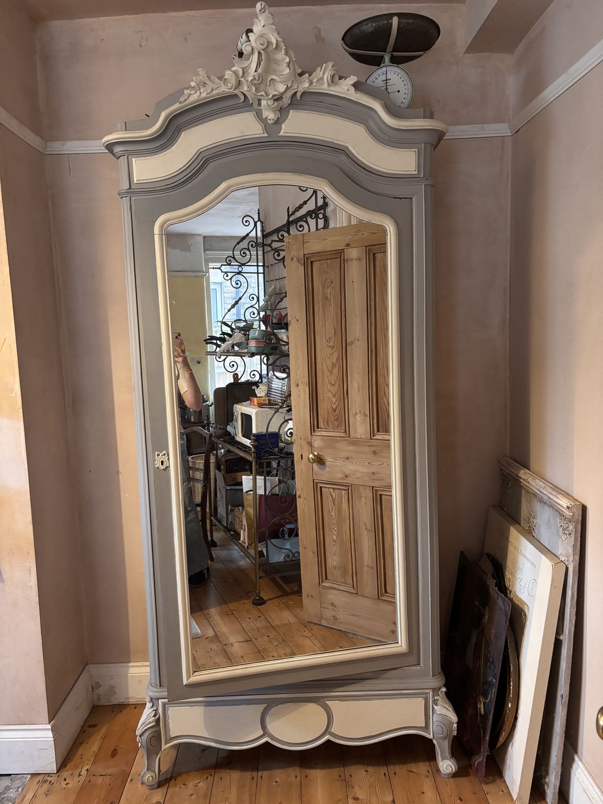 Louis XV Style Armoire With Mirrored Door, Painted Grey With White Accents