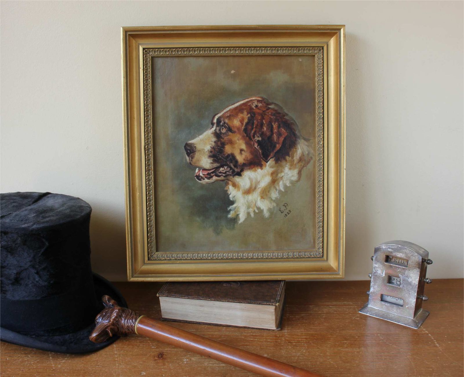 St Bernard Oil Painting On Canvas. Victorian Dog Portrait. Framed. 1888 photo vintage