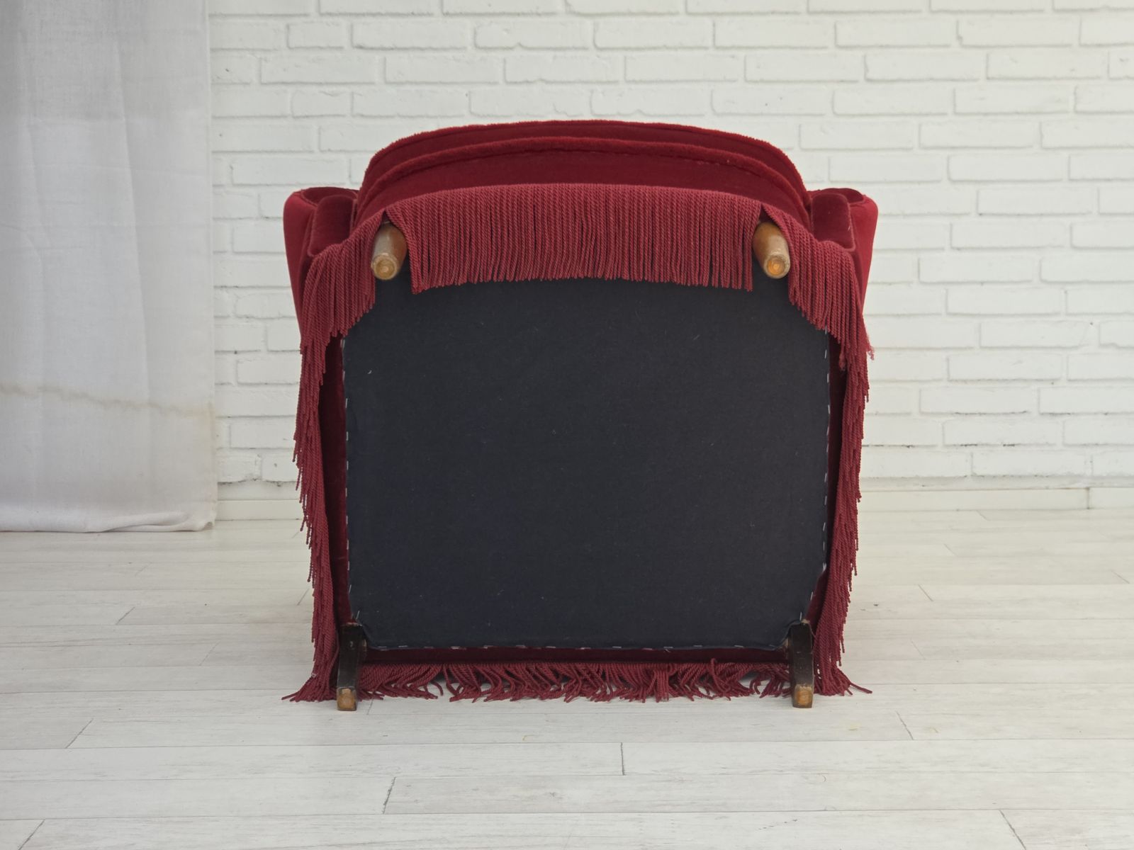 photo for sale 1960s, Danish Armchair, Red Furniture Velour, Beech Wood Legs.