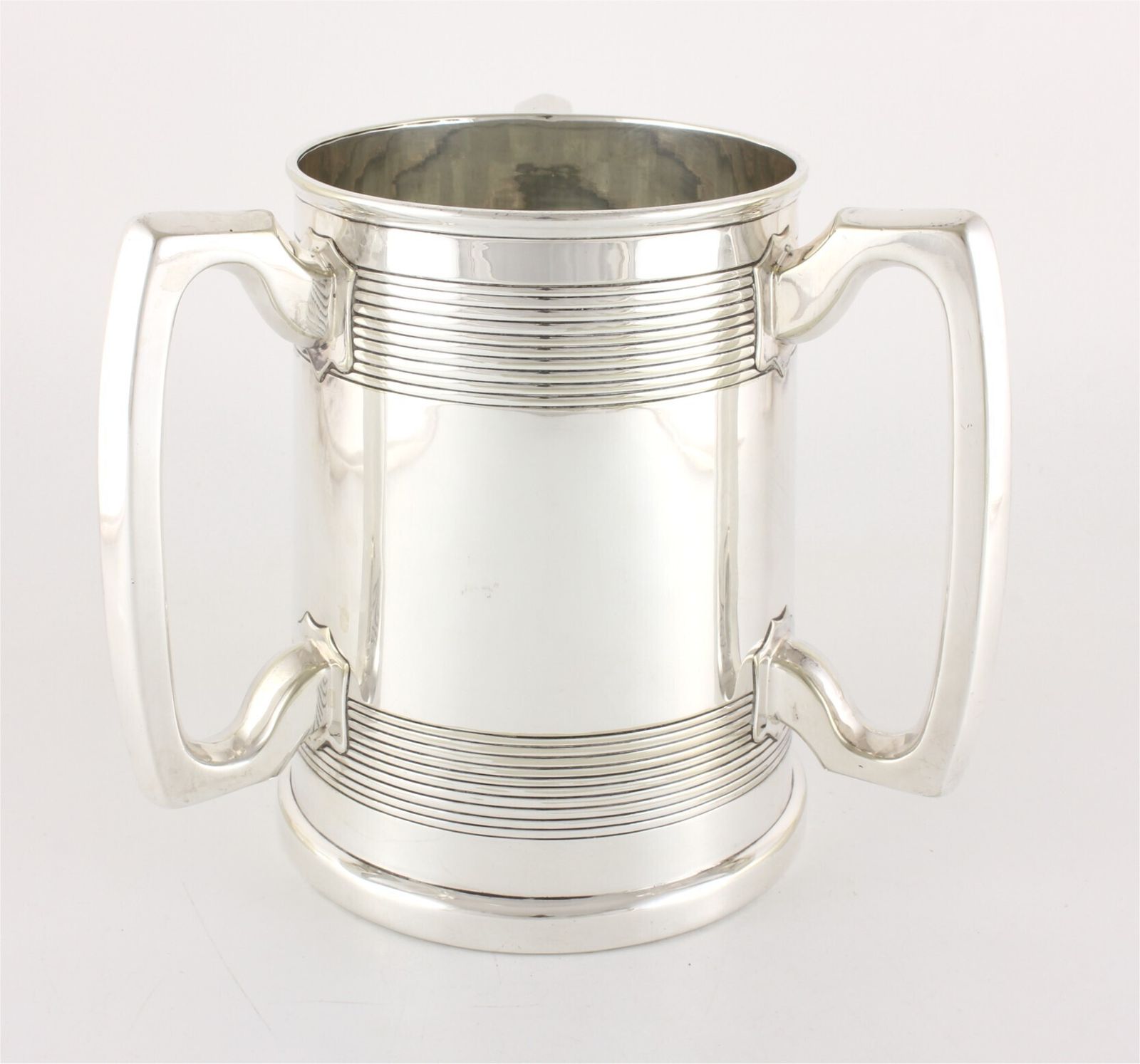 Silver Plate Three Handled Tyg. Glass Bottom Presentation Cup Tankard.