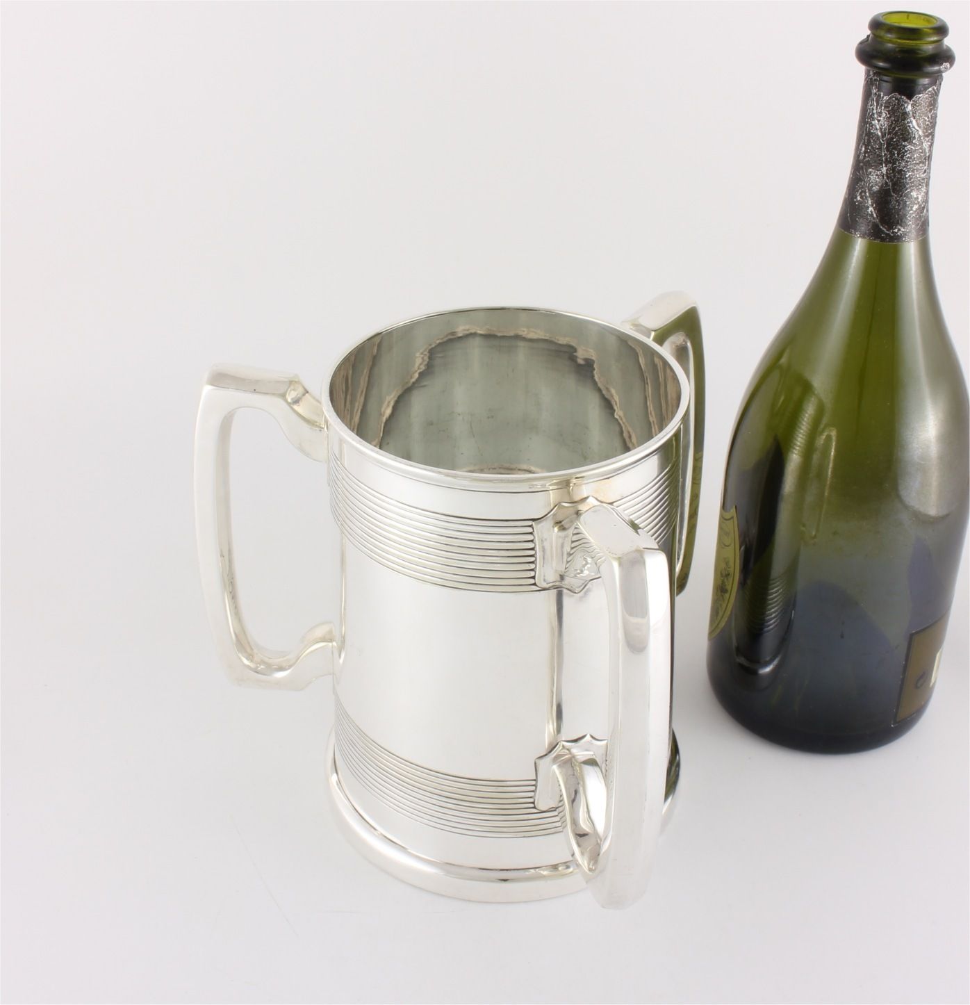 Silver Plate Three Handled Tyg. Glass Bottom Presentation Cup Tankard. photo Home Decor