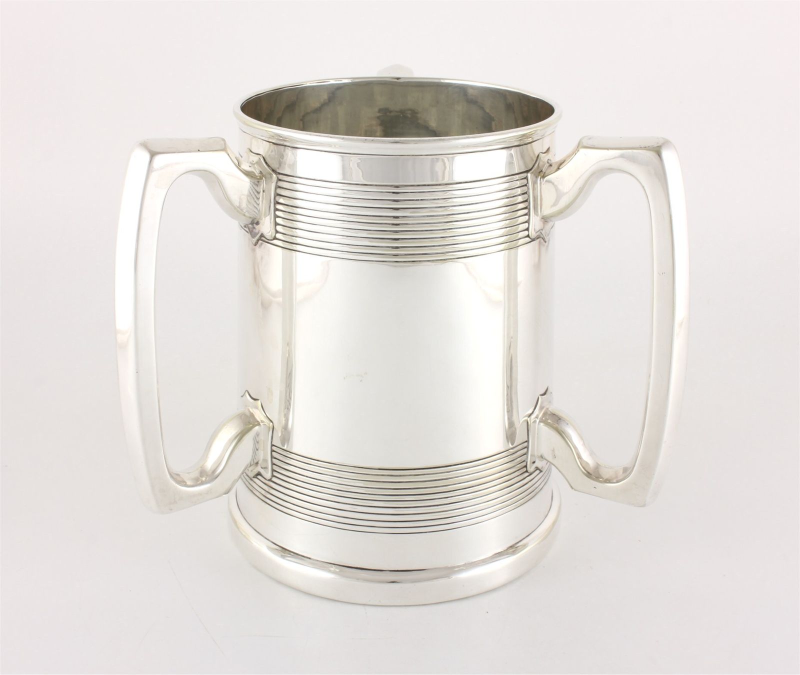 Home Decor Silver Plate Three Handled Tyg. Glass Bottom Presentation Cup Tankard. photo
