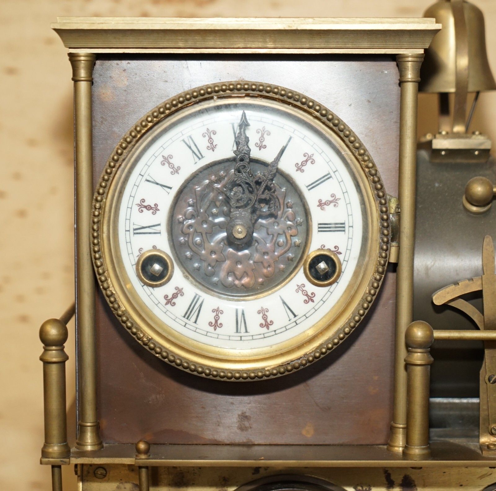 Fine Circa 1895 French Automaton Industrial Locomotive Moving Gilt Bronze Clock photo for sale