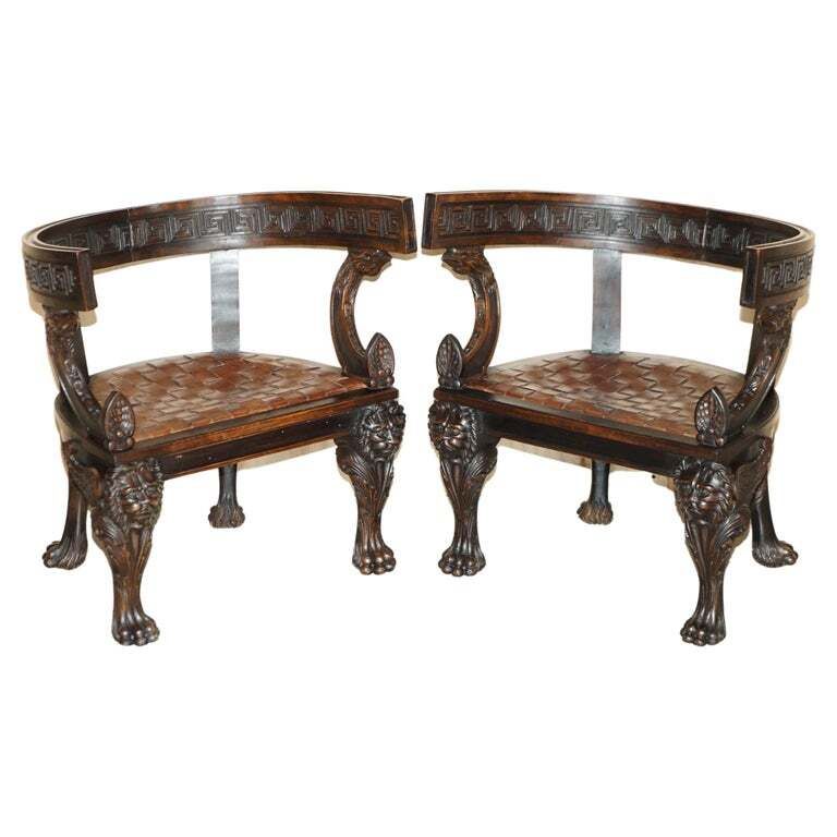 Pair Of Important Original Antique Klismos Armchairs Carved Lions Woven Leather