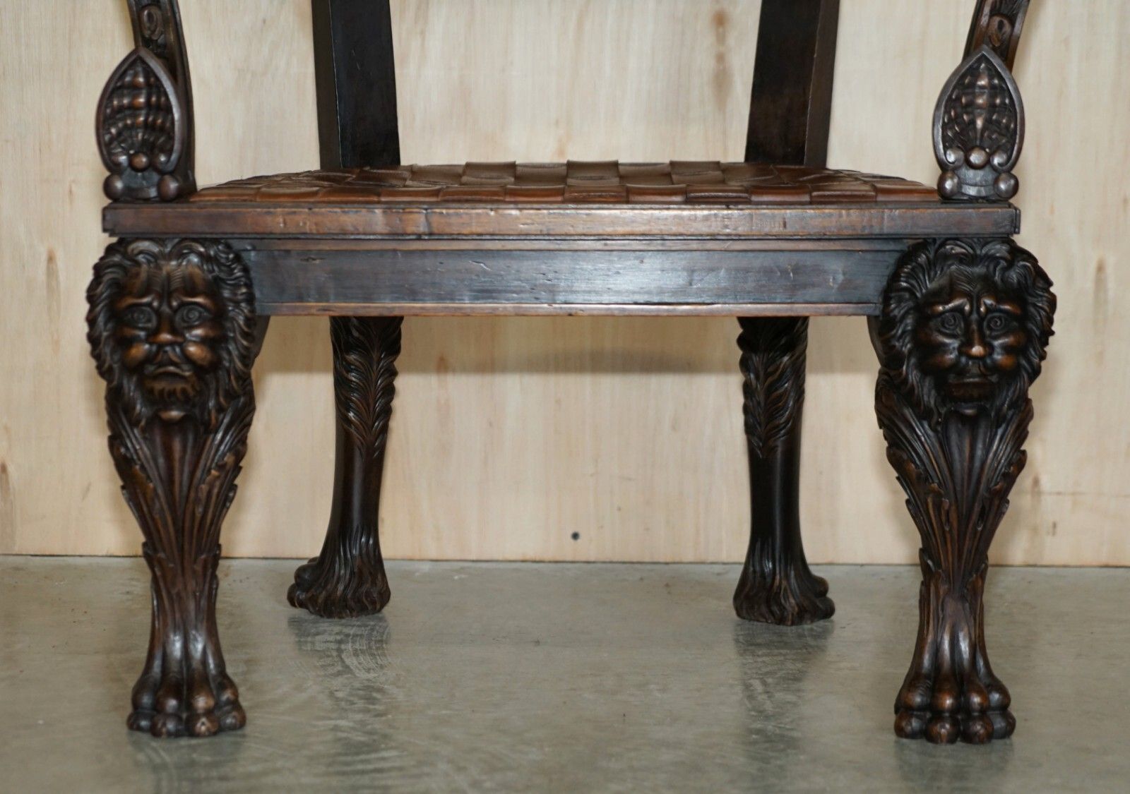 Pair Of Important Original Antique Klismos Armchairs Carved Lions Woven Leather photo Furniture