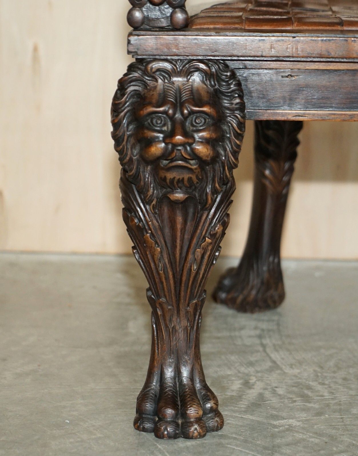 Pair Of Important Original Antique Klismos Armchairs Carved Lions Woven Leather photo 40000.0