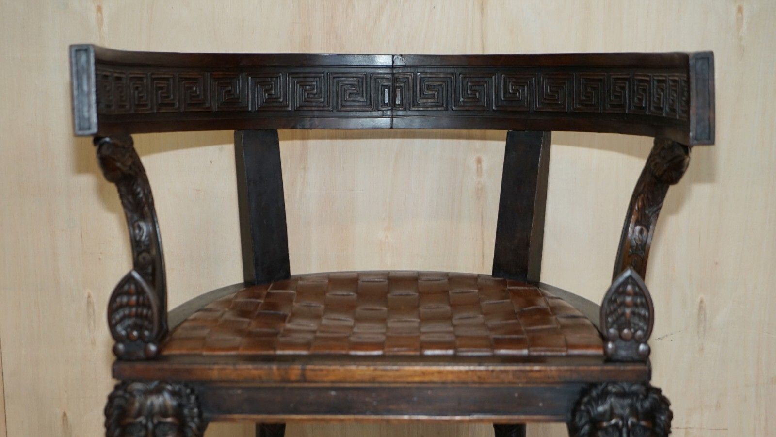 Pair Of Important Original Antique Klismos Armchairs Carved Lions Woven Leather photo vinterior