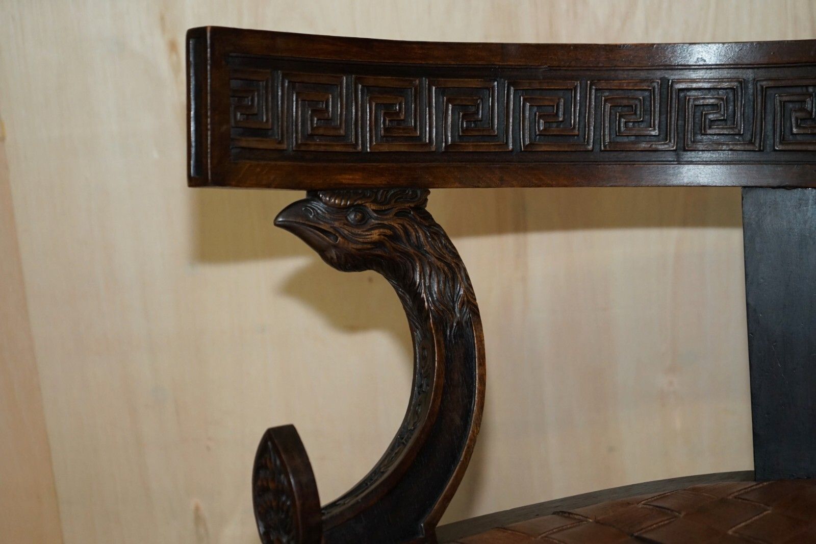 photo furniture Pair Of Important Original Antique Klismos Armchairs Carved Lions Woven Leather