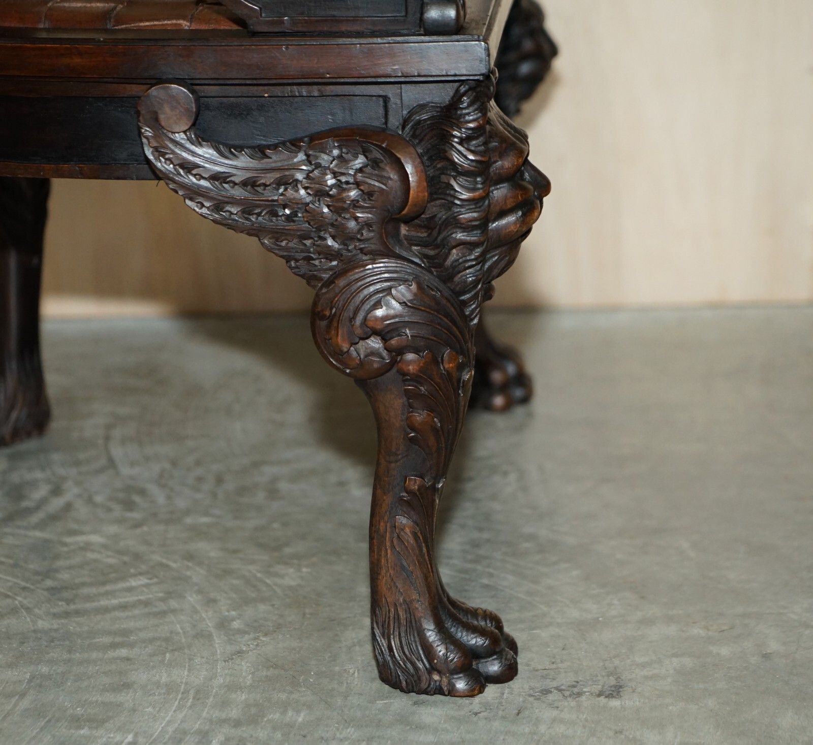 Furniture Pair Of Important Original Antique Klismos Armchairs Carved Lions Woven Leather photo