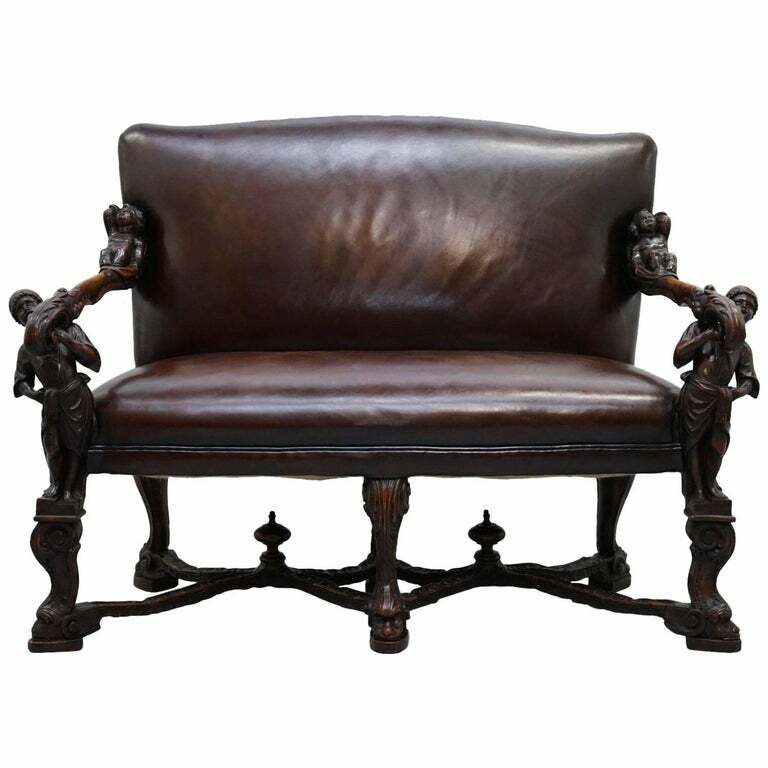 1850 Palatial Venetian Carved Walnut Leather Bench Valentino Panciera Besarel