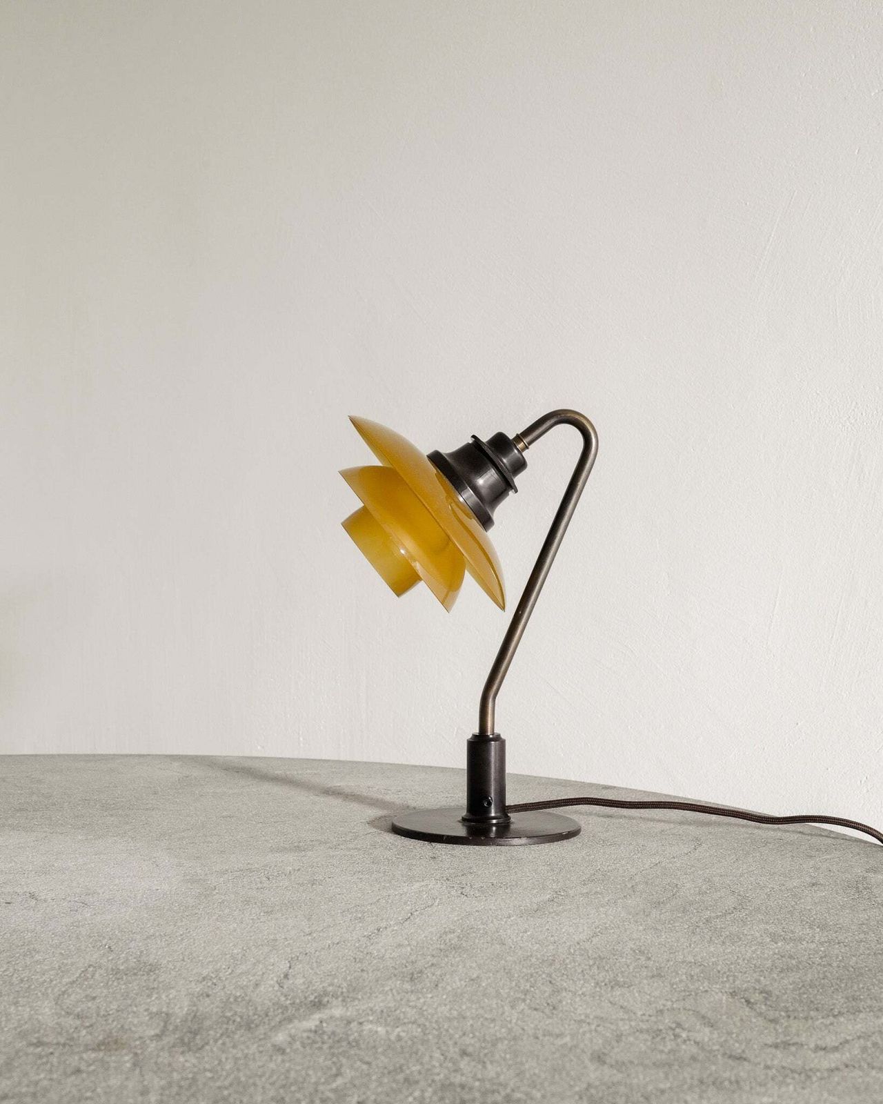 Danish Mid Century Modern Poul Henningsen "Ph 2/2" Table Lamp In Patinated Brass & Yellow Amber Glass, 1930s photo furniture