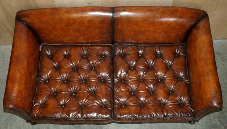 Huge Restored Antique Victorian Howard & Son's Brown Leather Chesterfield Sofa photo for sale