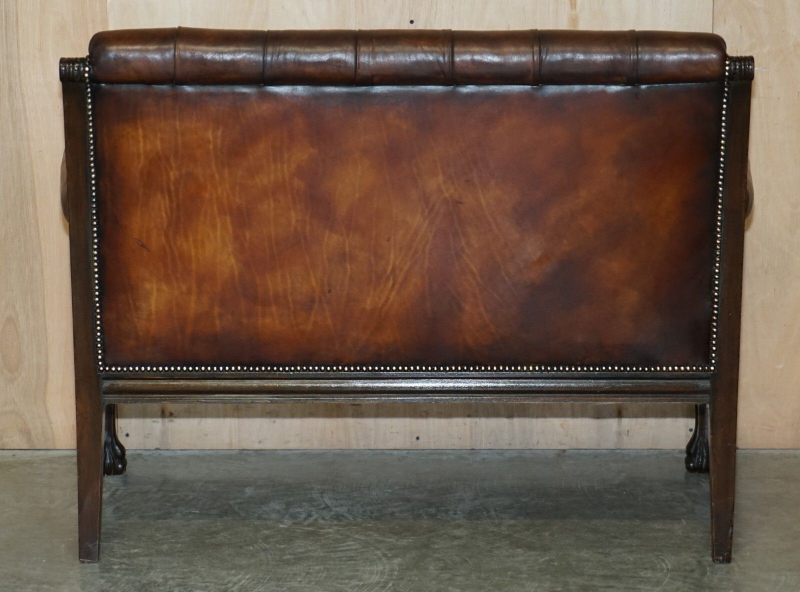 photo buy Restored Antique Lion Hand Carved Brown Leather Chesterfield Sofa Armchair Suite