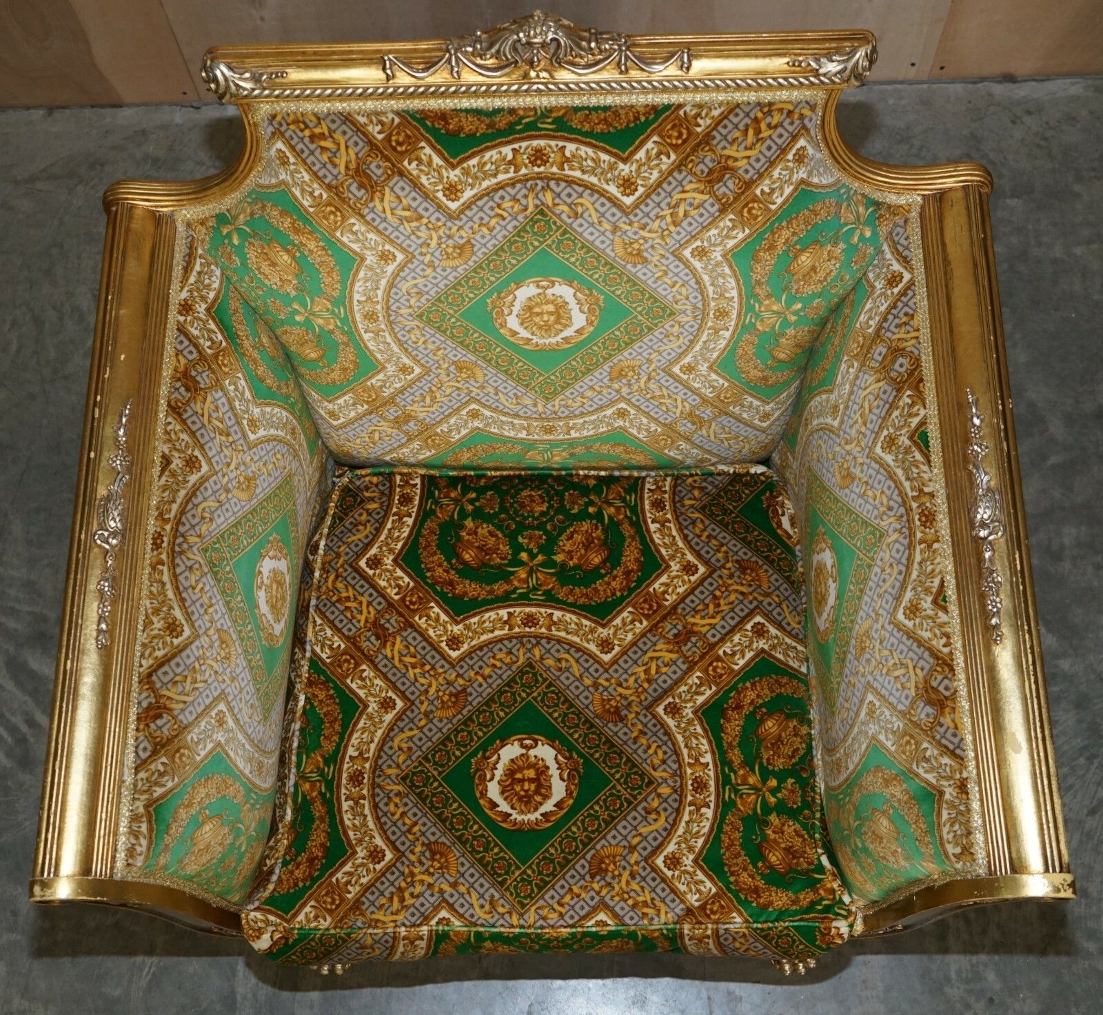 Furniture Versace Silk Velvet Upholstered Giltwood Italian Sofa & Pair Of Armchairs Suite photo