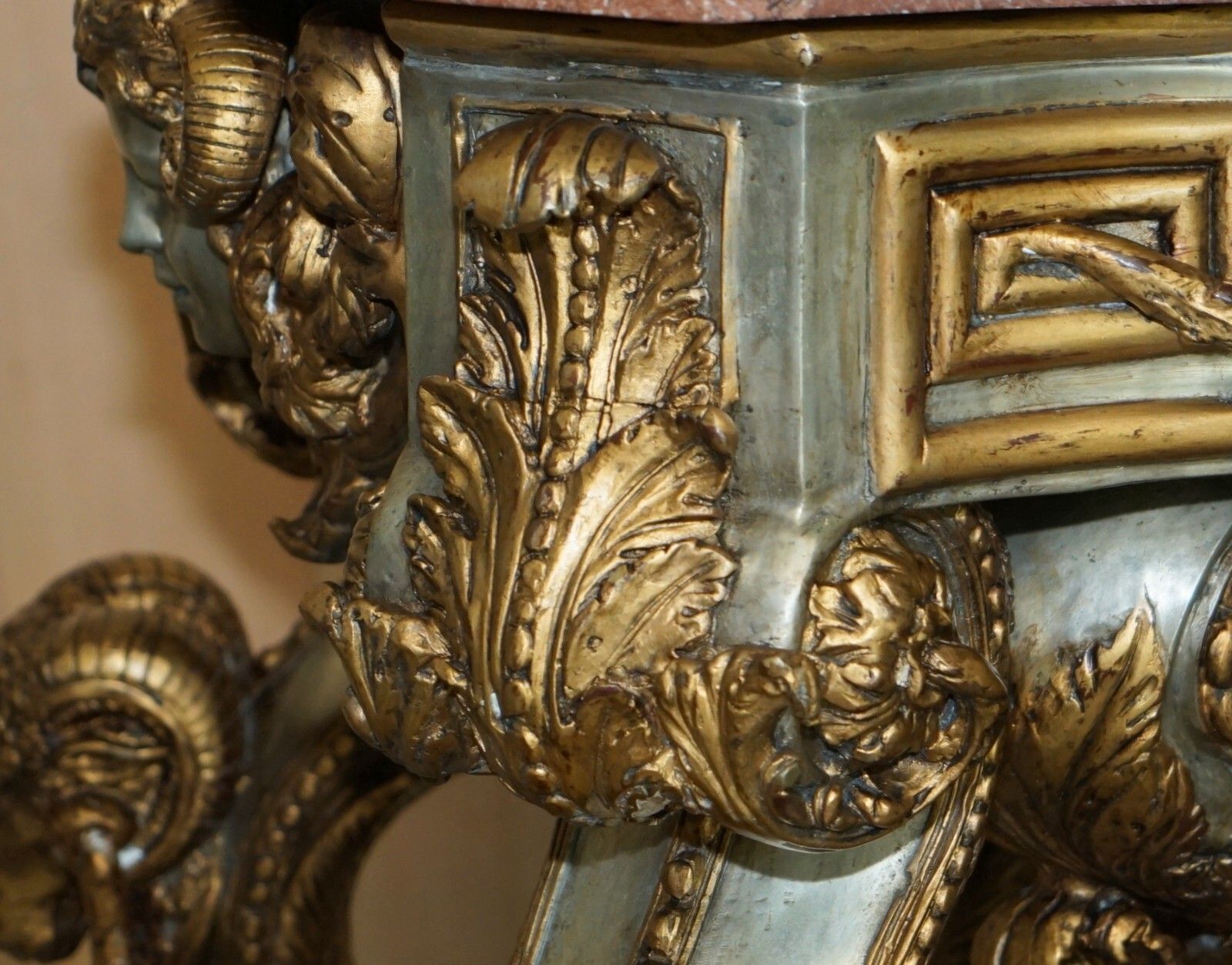 Super Rare Metal Antique Baroque Rams & Maiden Head Marble Topped Console Table photo 25000.0