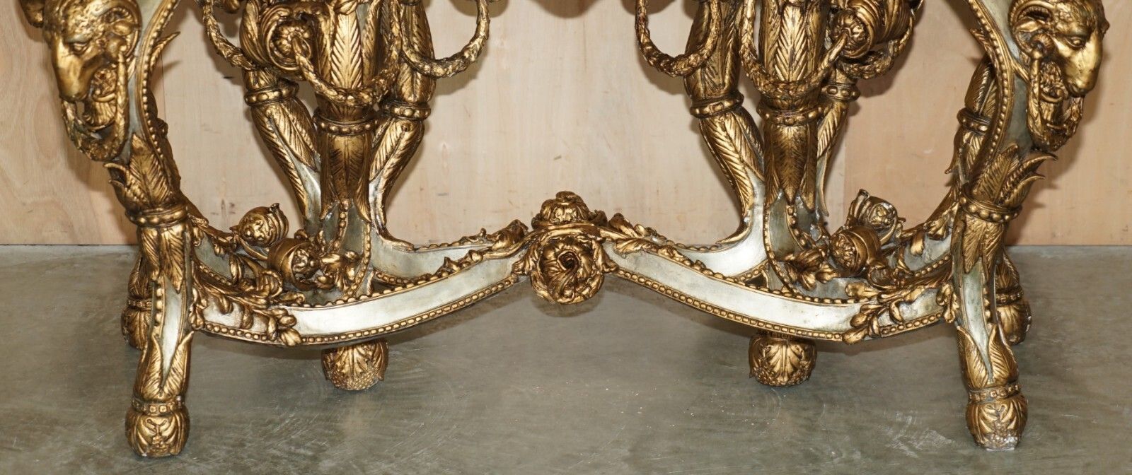 Furniture Super Rare Metal Antique Baroque Rams & Maiden Head Marble Topped Console Table photo
