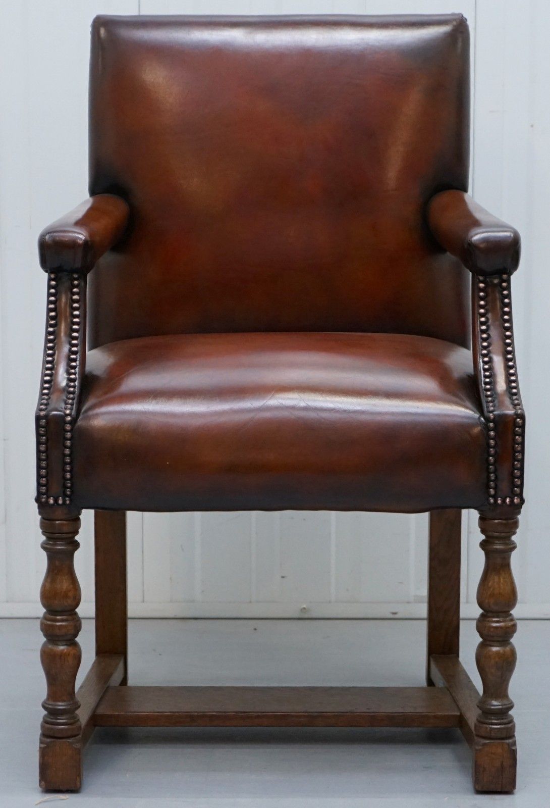 8 Howard & Son's Stamped Circa 1900 Brown Leather Carver Gainsborough Armchairs photo for sale