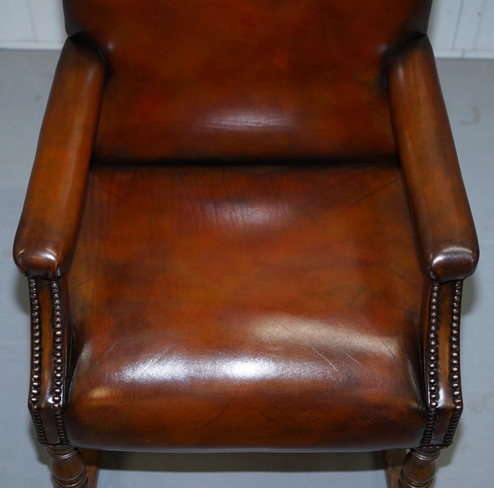 8 Howard & Son's Stamped Circa 1900 Brown Leather Carver Gainsborough Armchairs photo vinterior