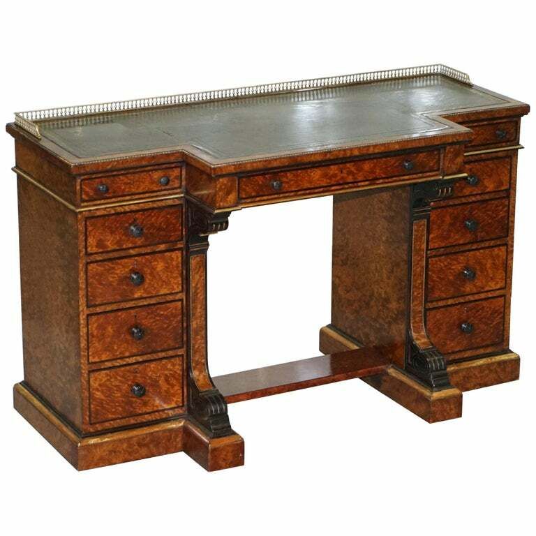 Very Rare Gillow 1852 57 Breakfront Library Desk Brass Gallery Burr Amboyna Wood